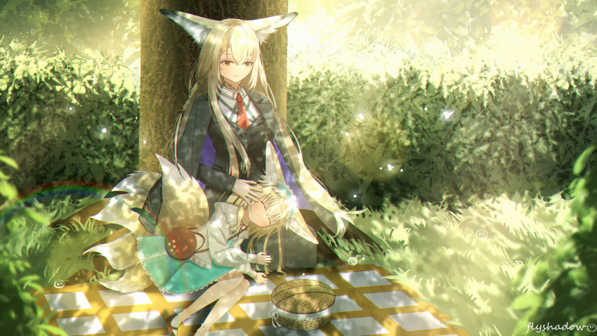 2girls absurdres animal_ears arknights black_jacket blonde_hair blue_hairband blue_skirt blush cardigan closed_mouth commentary english_commentary flyshadow fox_ears fox_girl fox_tail frilled_hairband frills grey_cardigan hairband highres jacket kitsune kyuubi lap_pillow light_particles long_hair long_sleeves mother_and_daughter multiple_girls multiple_tails neck_ribbon necktie official_alternate_costume orange_eyes outdoors red_necktie red_ribbon ribbon skirt suzuran_(arknights) suzuran_(spring_praise)_(arknights) tail vulpisfoglia_(arknights)