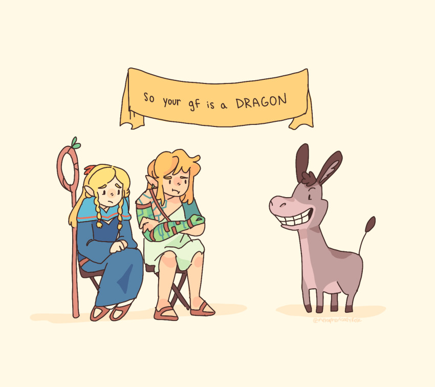 1boy 1girl :t blonde_hair blue_dress closed_mouth commentary crossover donkey donkey_(shrek) dress dungeon_meshi elf english_commentary english_text frown full_body grin highres link long_hair marcille_donato metaphoricallyrose multiple_crossover nintendo pointy_ears short_hair shrek_(series) simple_background sitting smile staff the_legend_of_zelda the_legend_of_zelda:_tears_of_the_kingdom trait_connection
