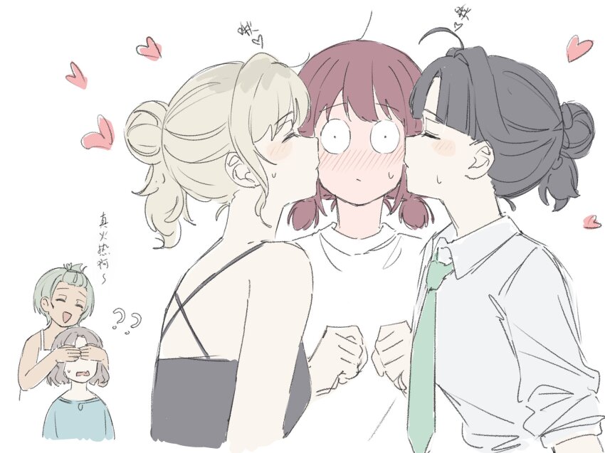 5girls ahoge awa_subaru black_camisole black_hair blue_shirt blush brown_hair camisole cheek_kiss chinese_text closed_eyes closed_mouth collared_shirt commentary commentary_request covering_another&#039;s_eyes double_cheek_kiss ebizuka_tomo fafayu fang girls_band_cry green_necktie grey_hair hair_bun heart highres iseri_nina kawaragi_momoka kiss kissing_cheek low_twintails mole mole_under_eye multicolored_hair multiple_girls necktie open_mouth parted_bangs roots_(hair) rupa_(girls_band_cry) shirt short_hair short_twintails simple_background single_hair_bun skin_fang sweatdrop symbol-only_commentary togenashi_togeari translation_request twintails white_background white_camisole white_shirt yuri