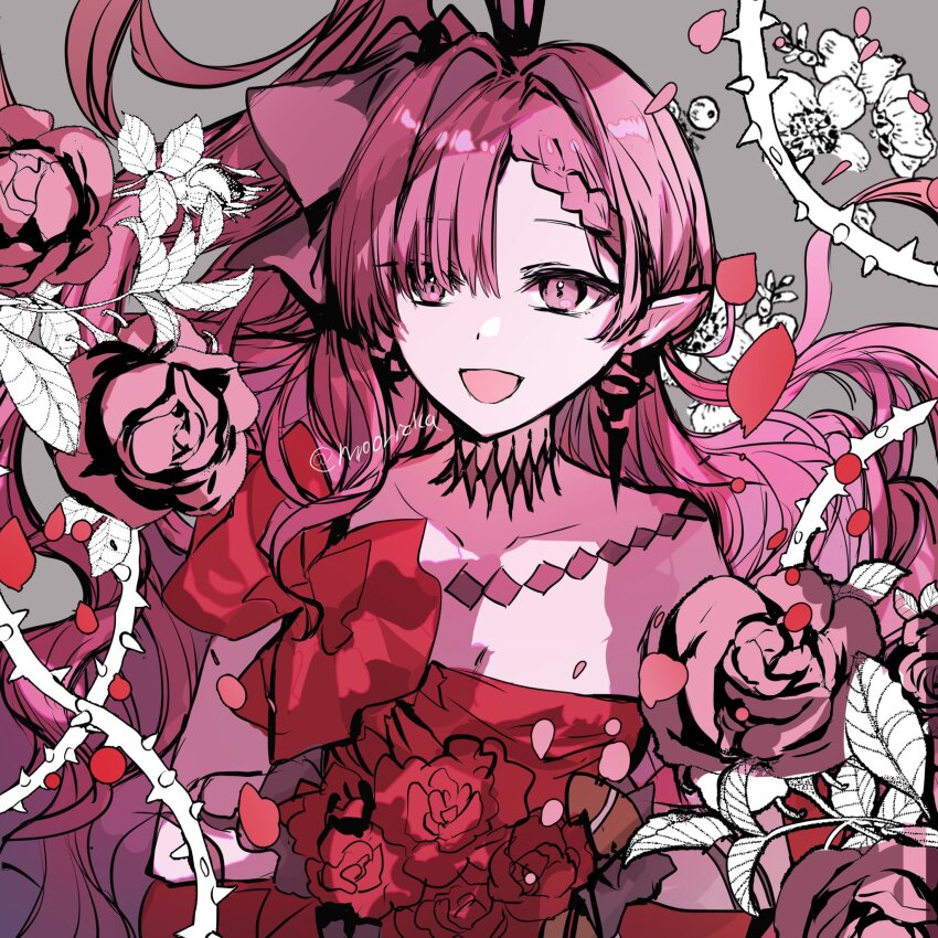 1girl baobhan_sith_(exhibition_attire)_(fate) baobhan_sith_(fate) baobhan_sith_(swimsuit_pretender)_(third_ascension)_(fate) bare_shoulders bouquet breasts dated dress earrings fate/grand_order fate_(series) flower grey_background grey_eyes highres holding holding_bouquet jewelry long_hair looking_at_viewer open_mouth pink_hair pointy_ears red_dress red_flower rioka_(southern_blue_sky) side_ponytail smile solo