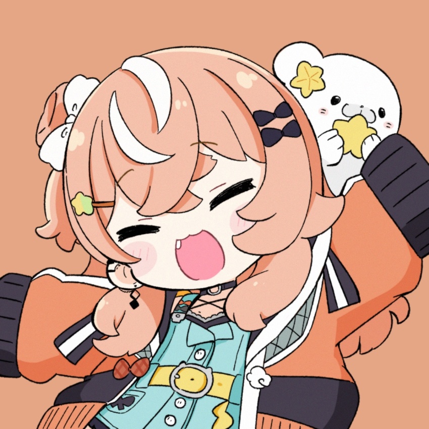 1girl :d animal black_bow blue_dress blush_stickers bow brown_background brown_hair brown_jacket chibi closed_eyes commentary dress ear_piercing earrings facing_viewer fang hair_bow hair_bun hair_ornament hairclip highres igarashi_rika igarashi_rika_(1st_costume) jacket jewelry long_hair long_sleeves mole multicolored_hair nijisanji nozo_(hitomiz) one_side_up open_clothes open_jacket open_mouth piercing puffy_long_sleeves puffy_sleeves seal_(animal) simple_background single_side_bun smile solo star_(symbol) star_hair_ornament streaked_hair umamusume virtual_youtuber white_bow white_hair