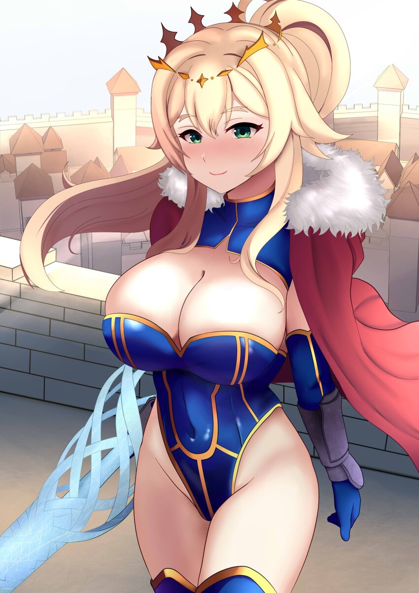 1girl absurdres artoria_pendragon_(lancer)_(fate) artoria_pendragon_(lancer)_(fate)_(cosplay) blonde_hair blush breasts cape castle city cleavage cosplay crown elbow_gloves fate/grand_order fate_(series) frederica_baumann gloves green_eyes hair_between_eyes highres lance large_breasts leotard looking_at_viewer polearm ponytail re:zero_kara_hajimeru_isekai_seikatsu relpama skin_tight skindentation smile solo thick_thighs thighhighs thighs weapon wide_hips