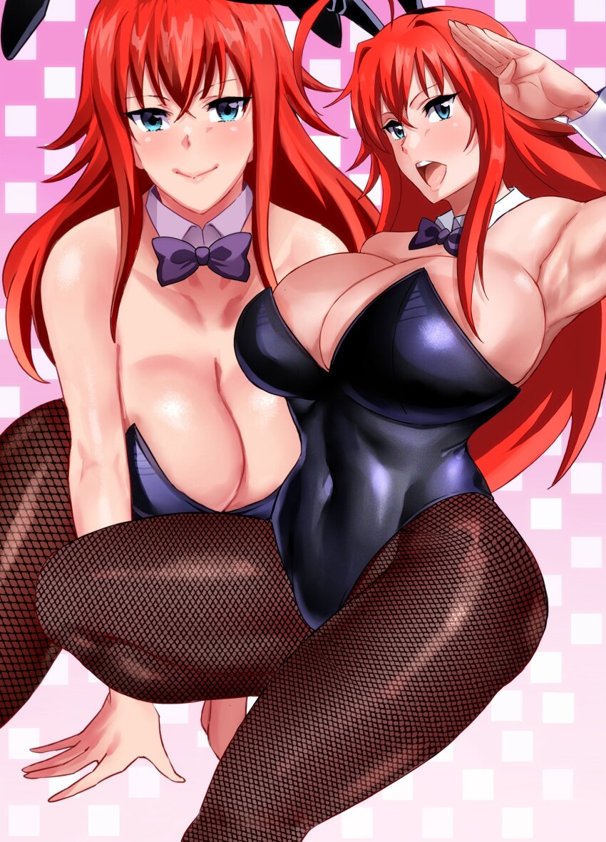 1girl absurdres ahoge animal_ears armpits ass bare_shoulders black_leotard blue_eyes breasts cleavage closed_mouth fake_animal_ears fishnet_pantyhose fishnets from_side gluteal_fold haikawa_hemlen hair_between_eyes high_school_dxd highres knee_up large_breasts leotard long_hair looking_at_viewer multiple_views open_mouth pantyhose pink_background playboy_bunny red_hair rias_gremory smile spread_legs two-tone_background very_long_hair white_background wrist_cuffs
