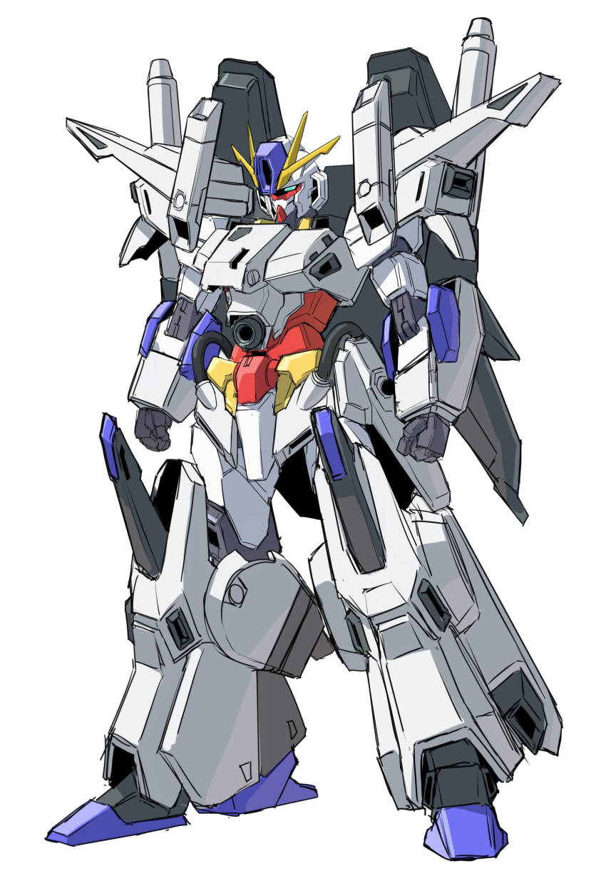 absurdres aqua_eyes clenched_hands core_gundam_ii fazz_(gundam) fusion gundam gundam_build_divers gundam_build_divers_re:rise gundam_sentinel highres mecha no_humans robot solo standing sukekiyo56 thrusters v-fin white_background