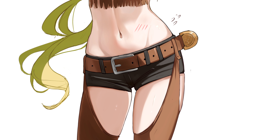 1girl belt black_shorts blonde_hair brown_belt chaps commentary cowgirl_(western) flying_sweatdrops groin highres kimi_no_koto_ga_dai_dai_dai_dai_daisuki_na_100-nin_no_kanojo long_hair lower_body midriff navel short_shorts shorts simple_background solo stomach_blush ten_hwang2 very_long_hair white_background yamato_nadeshiko_(hyakkano)