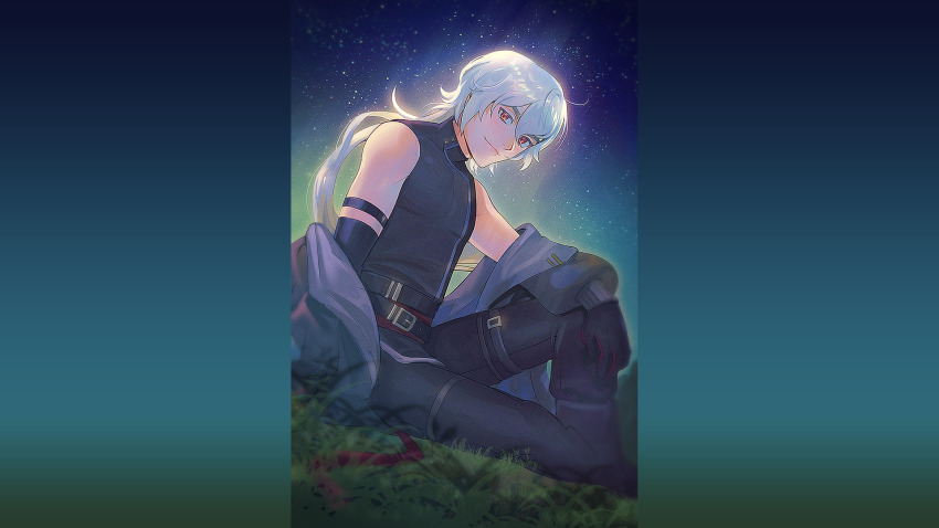 a_date_with_death belt black_gloves casper_(a_date_with_death) elbow_gloves from_below gloves glowing hair_between_eyes hand_on_own_knee head_tilt highres jacket jacket_partially_removed knee_up leg_belt looking_at_viewer medium_hair multiple_belts night non-web_source official_art on_grass on_ground outstretched_leg red_eyes single_elbow_glove sky sleeveless sleeveless_turtleneck star_(sky) starry_sky turtleneck white_hair