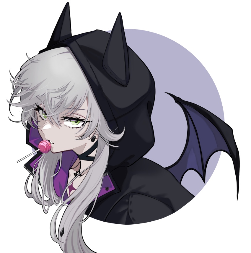 1girl absurdres black_hood candy cropped_torso demon_horns demon_wings fate/grand_order fate_(series) food ginshima_jill green_eyes grey_hair highres horns lilith_(fate) lilith_(first_ascension)_(fate) lollipop long_hair portrait wings