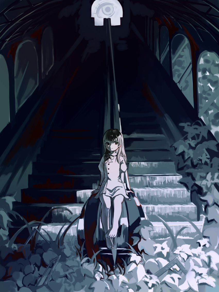 1girl abandoned absurdres bow commentary dark disembodied_eye dress escalator expressionless feet grey_eyes highres long_hair original overgrown plant ruins signe_ture sitting solo
