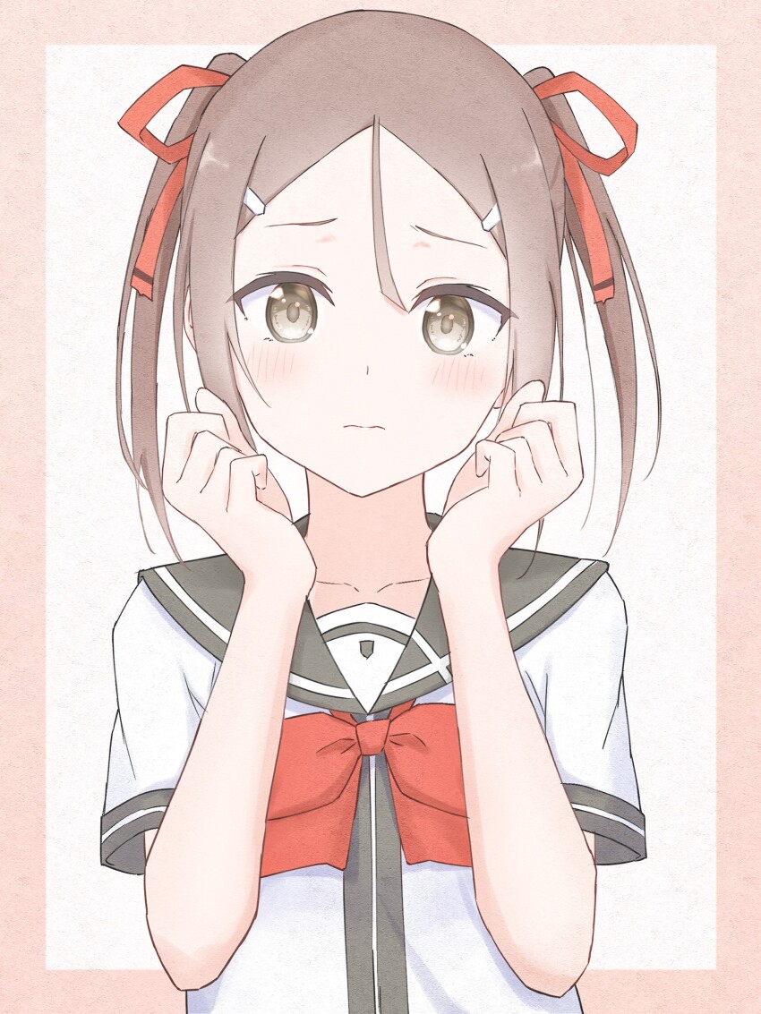 1girl absurdres black_sailor_collar blush bow bowtie brown_eyes brown_hair closed_mouth collarbone commentary_request hair_between_eyes hair_ornament hair_ribbon hairpin highres kutatsu_(kutatsu7) looking_at_viewer miyoshi_karin red_bow red_bowtie red_ribbon ribbon sailor_collar school_uniform serafuku short_hair solo summer_uniform twintails upper_body yuuki_yuuna_wa_yuusha_de_aru yuusha_de_aru
