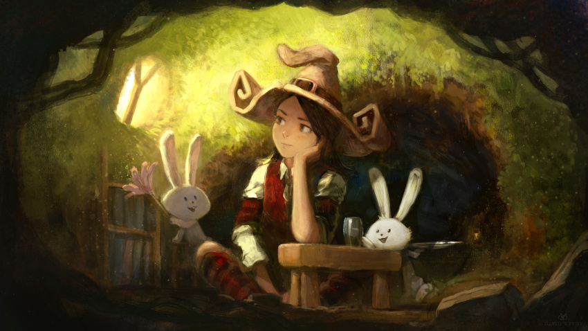 1girl absurdres arm_on_own_leg arm_support armband book bookshelf brown_eyes brown_hair cave center_frills checkered_armband checkered_clothes checkered_leg_warmers cup david_revoy duster frills full_body glass glass_cup highres holding holding_tray leg_warmers long_sleeves medium_hair pepper&amp;carrot pepper_(pepper&amp;carrot) rabbit red_armband red_leg_warmers red_vest rock shirt sitting table tray underground vest white_shirt window