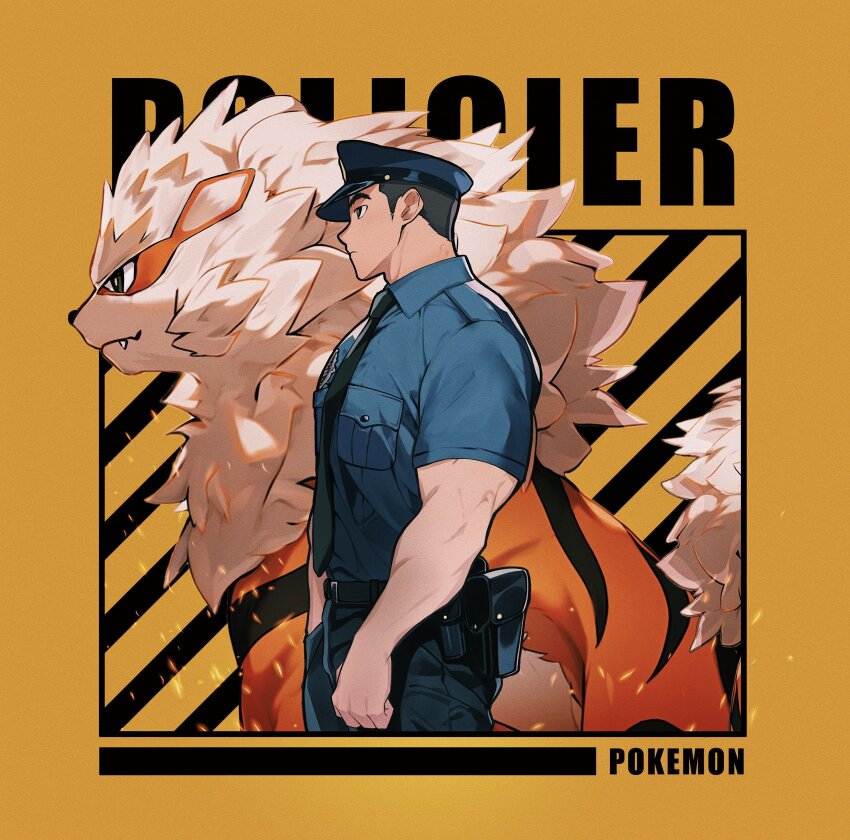 1boy absurdres arcanine bara black_necktie embers feet_out_of_frame from_side gen_1_pokemon highres large_pectorals long_sideburns looking_ahead louis_tjxx male_focus muscular muscular_male necktie nintendo original pants pectorals pokemon police police_uniform policeman short_hair sideburns standing thick_eyebrows yellow_background