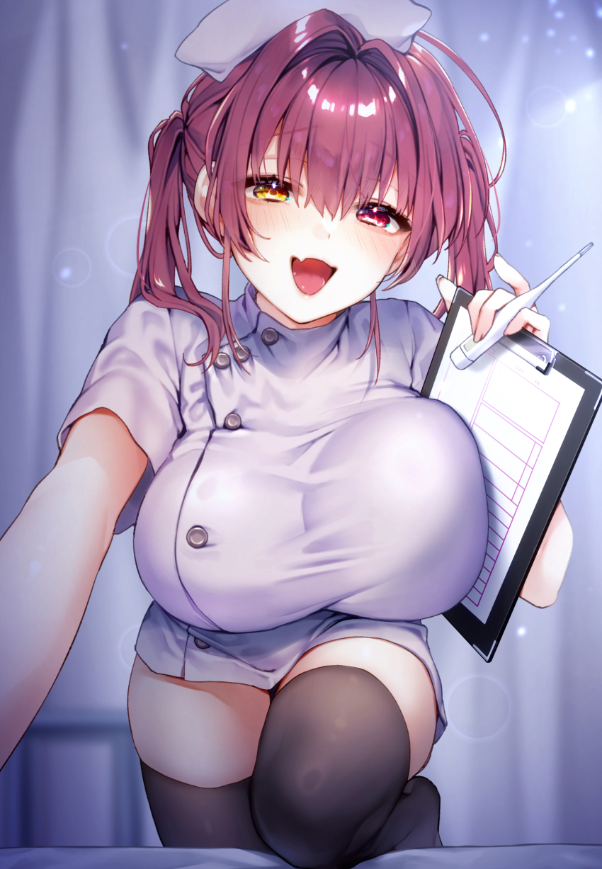 1girl alternate_costume black_thighhighs blurry blurry_background breasts cowboy_shot dress fang hat highres holding holding_thermometer hololive houshou_marine indoors kanbesan160 large_breasts long_hair microdress nurse nurse_cap open_mouth red_eyes red_hair skin_fang thermometer thighhighs twintails virtual_youtuber white_dress yellow_eyes