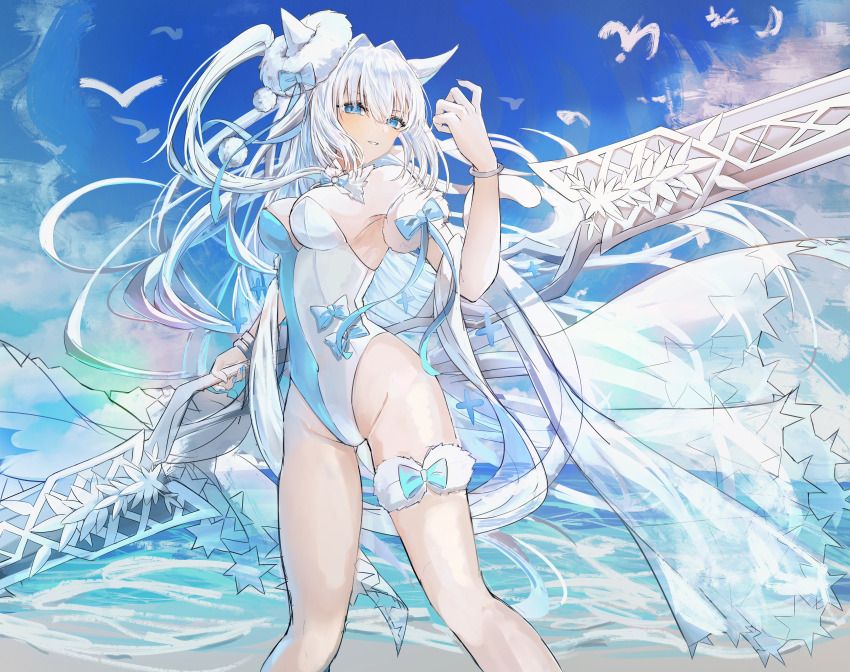 absurdres animal_ears beach blue_eyes blue_sky cat_ears cat_girl cat_tail crotch dobrynya_nikitich_(fate) dobrynya_nikitich_(second_ascension)_(fate) dobrynya_nikitich_(swimsuit_lancer)_(fate) fate/grand_order fate_(series) hair_ornament highres holding holding_weapon long_hair one-piece_swimsuit ribbon sky swimsuit tail weapon white_hair yagi_(yagi5art)