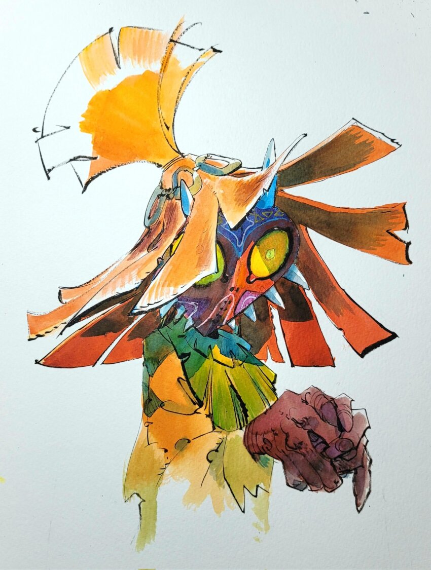 1boy commission hat hat_ornament highres horned_mask long_sleeves majora_(entity) mask matias_bergara nintendo own_hands_together painting_(medium) skull_kid spiked_mask straw_hat the_legend_of_zelda the_legend_of_zelda:_majora&#039;s_mask traditional_media upper_body watercolor_(medium) yellow_eyes