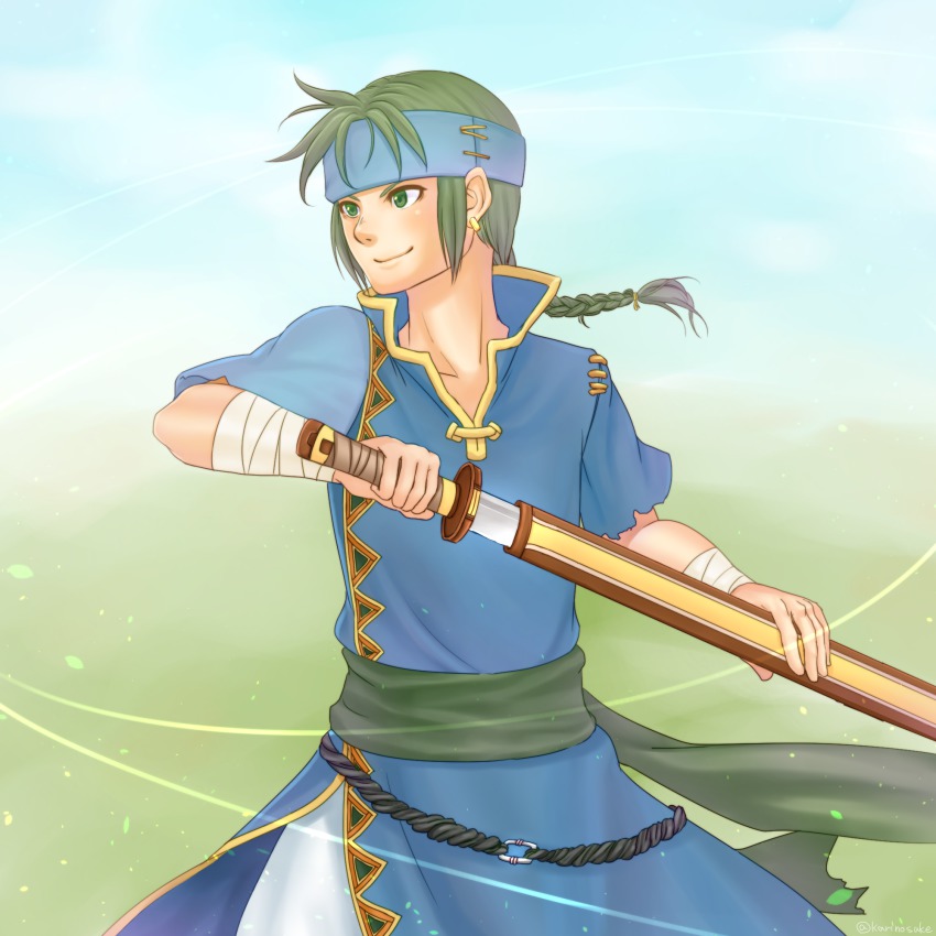 1boy bandages braid earrings fire_emblem fire_emblem:_the_blazing_blade green_eyes green_hair guy_(fire_emblem) headband highres jewelry karinosuke long_hair male_focus matching_hair/eyes nintendo single_braid solo sword weapon