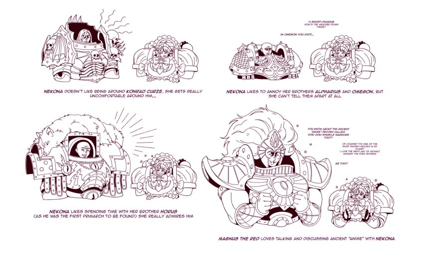 1girl 4boys :3 alpha_legion alpharius_omegon ancient_egyptian_hat angry animal_ears animal_hands apron armor bald bat_wings black_legion bow breastplate cat_ears cat_girl cat_paws chumiicham closed_mouth commentary english_commentary english_text eye_of_horus_(warhammer) frilled_apron frills happy happy_aura heart highres horus_lupercal konrad_curze light_blush limited_palette lineart long_hair looking_at_another looking_down looking_up magnus_the_red maid_apron maid_headdress multiple_boys muscular muscular_male nekona_(chumiicham) night_lords omegon original pauldrons paw_print pelt power_armor primarch rerebrace scale_armor shoulder_armor simple_background size_difference skull skull_ornament space_maids_(chumiicham) sparkle spiked_armor thousand_sons upper_body warhammer_40k wings