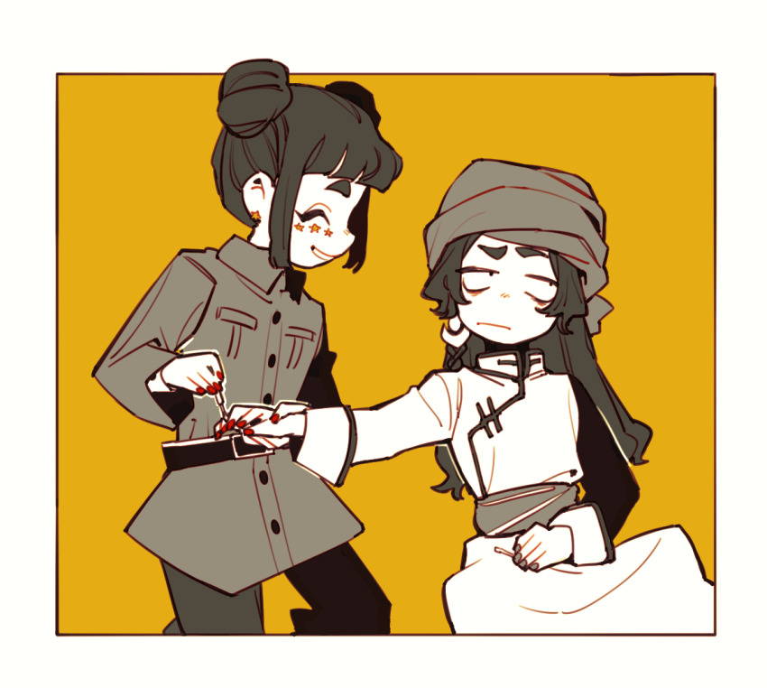 2girls china china_(nanimonothing) deel double_bun earrings hair_bun headscarf inner_mongolia inner_mongolia_(nanimonothing) jewelry limited_palette mongolian_clothes multiple_girls nail_polish nail_polish_brush nanimonothing original personification red_guard red_nails soyombo soyombo_earrings star_(symbol) star_earrings