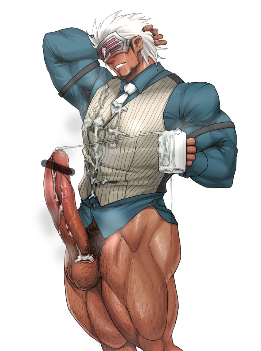 1boy absurdres bara blush body_hair bottomless censored cum erection godot_(ace_attorney) ace_attorney highres male_focus muscular penis smile solo testicles yuatari