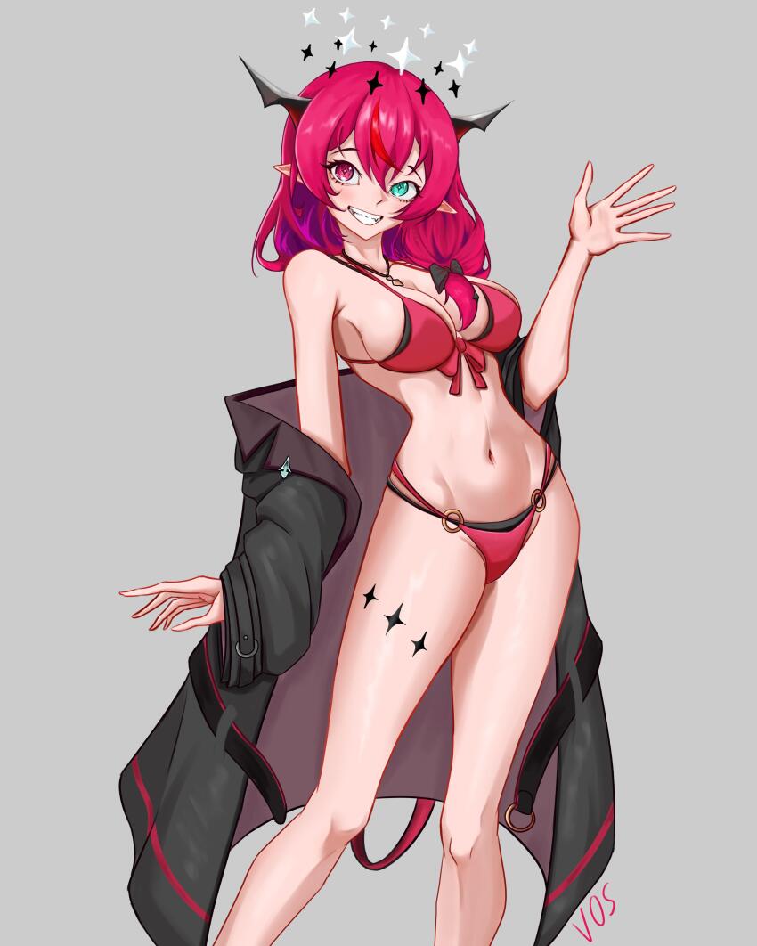 1girl absurdres bikini black_bikini black_bow black_coat blue_eyes bow coat coat_partially_removed commentary diamond-shaped_pupils diamond_(shape) double-parted_bangs double_halo fangs front-tie_bikini_top front-tie_top grey_background grin hair_between_eyes hair_bow hair_over_shoulder halo hand_up heterochromia highres hololive hololive_english horns irys_(hololive) irys_(holonatsu_paradise)_(hololive) jewelry layered_bikini linea_alba long_hair looking_at_viewer low_ponytail multicolored_hair navel necklace o-ring o-ring_bikini official_alternate_costume official_alternate_hairstyle pointy_ears ponytail purple_hair red_bikini red_hair simple_background smile solo star_halo stomach streaked_hair swimsuit symbol-shaped_pupils the_araragi virtual_youtuber waving