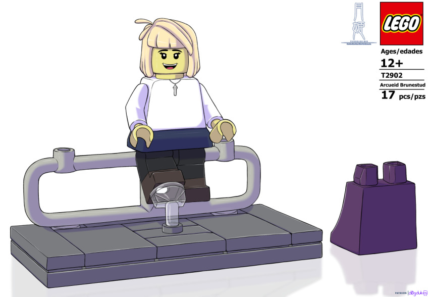 1girl against_railing ahoge arcueid_brunestud blonde_hair d0gduk jewelry lego lego_brick lego_minifig looking_at_viewer necklace railing reflective_floor shirt skirt smile tsukihime watermark white_shirt