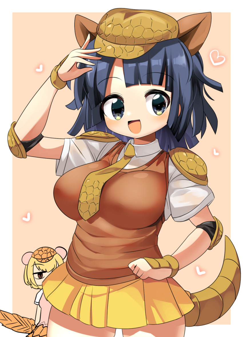 2girls armadillo_ears armadillo_tail black_eyes black_hair blonde_hair blush breasts brown_background brown_hat brown_necktie brown_vest newsboy_cap collared_shirt commentary_request cowboy_shot elbow_pads giant_armadillo_(kemono_friends) giant_pangolin_(kemono_friends) hat heart highres kemono_friends large_breasts lets0020 looking_at_viewer medium_hair miniskirt multiple_girls necktie open_mouth shirt short_hair skirt smile solo_focus two-tone_background vest white_shirt yellow_skirt