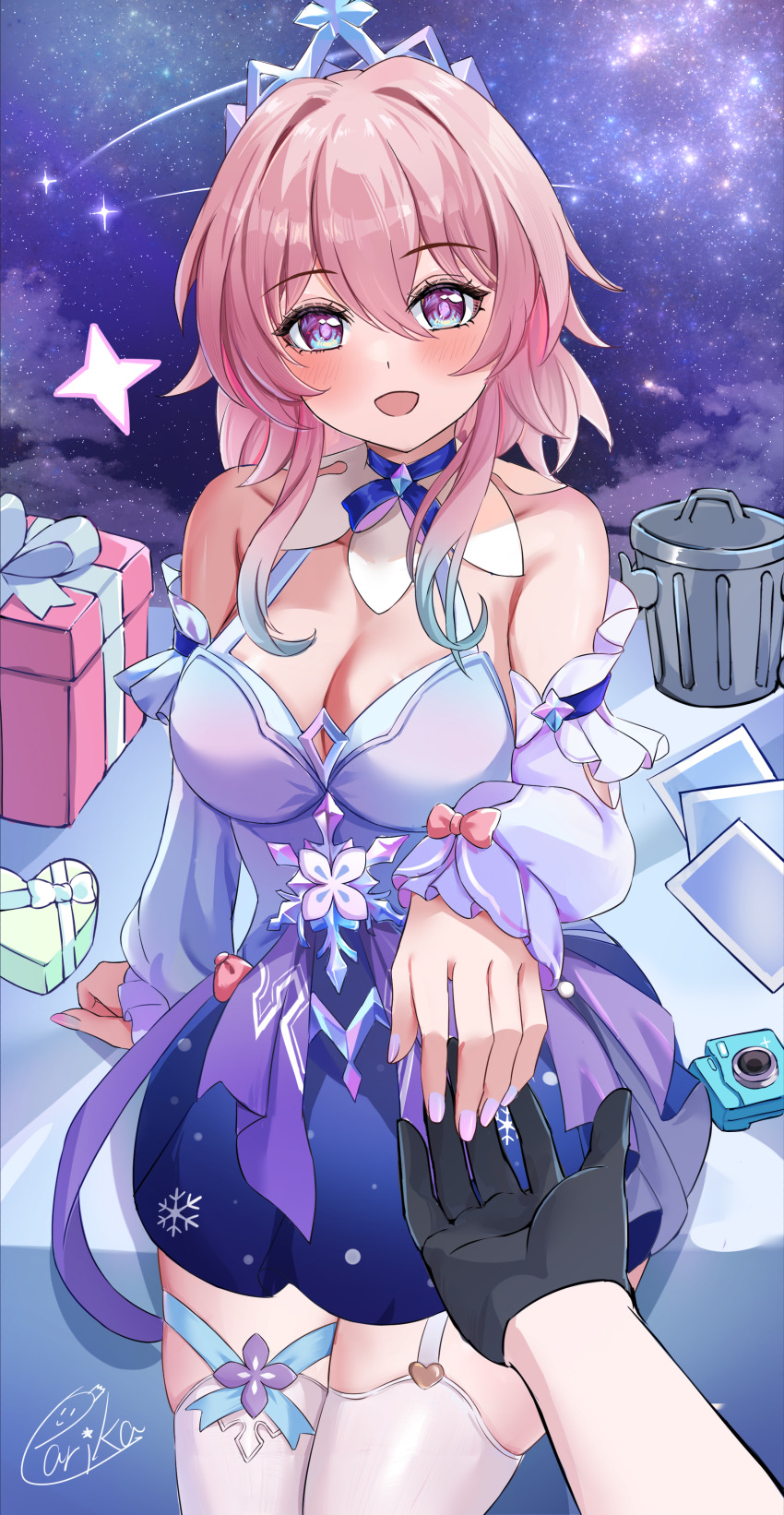 2girls absurdres bare_shoulders black_gloves blue_collar blue_dress blue_eyes blue_hair blue_nails blush bow box breasts camera cleavage collar colored_tips commentary_request cowboy_shot detached_collar detached_sleeves dress gift gift_box gloves gradient_nails gradient_sleeves heart-shaped_box highres honkai:_star_rail honkai_(series) imminent_hand_holding looking_at_viewer march_7th_(honkai:_star_rail) march_7th_(nascent_spring)_(honkai:_star_rail) medium_breasts medium_hair multicolored_dress multicolored_eyes multicolored_hair multiple_girls nail_polish official_alternate_costume open_mouth parika pink_bow pink_eyes pink_hair pink_nails pink_pupils pov pov_hands purple_dress purple_sleeves short_dress signature sitting smile stelle_(honkai:_star_rail) thighhighs trailblazer_(honkai:_star_rail) trash_can two-tone_collar two-tone_eyes white_collar white_dress white_sleeves white_thighhighs