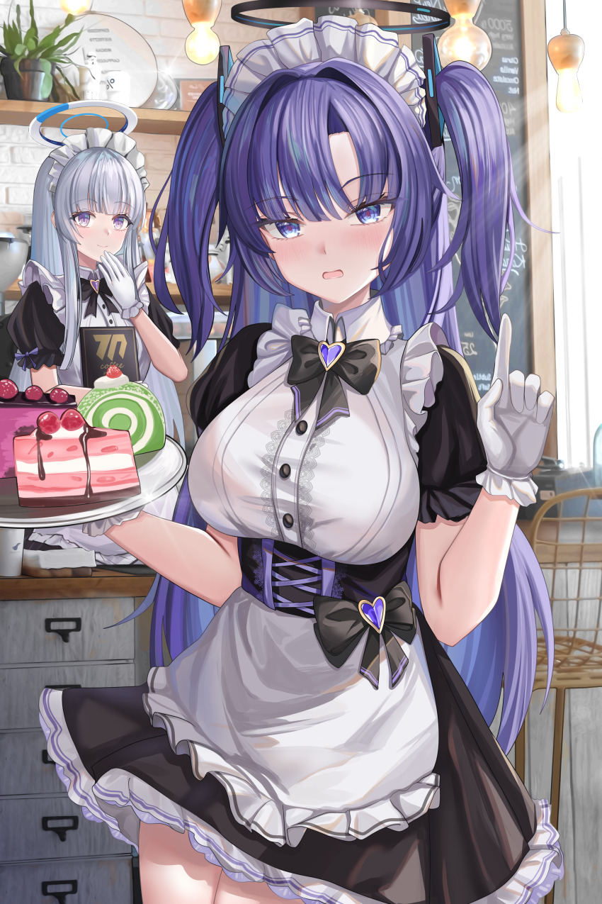 2girls absurdres apron black_dress blue_archive blue_eyes blue_hair blush breasts cake cake_slice closed_mouth dress food frilled_apron frills gloves grey_hair halo highres holding holding_tray jinpaitugounan long_hair looking_at_viewer maid maid_apron maid_headdress mechanical_halo medium_breasts multiple_girls noa_(blue_archive) puffy_short_sleeves puffy_sleeves purple_eyes short_sleeves smile tray very_long_hair white_apron white_gloves yuuka_(blue_archive)