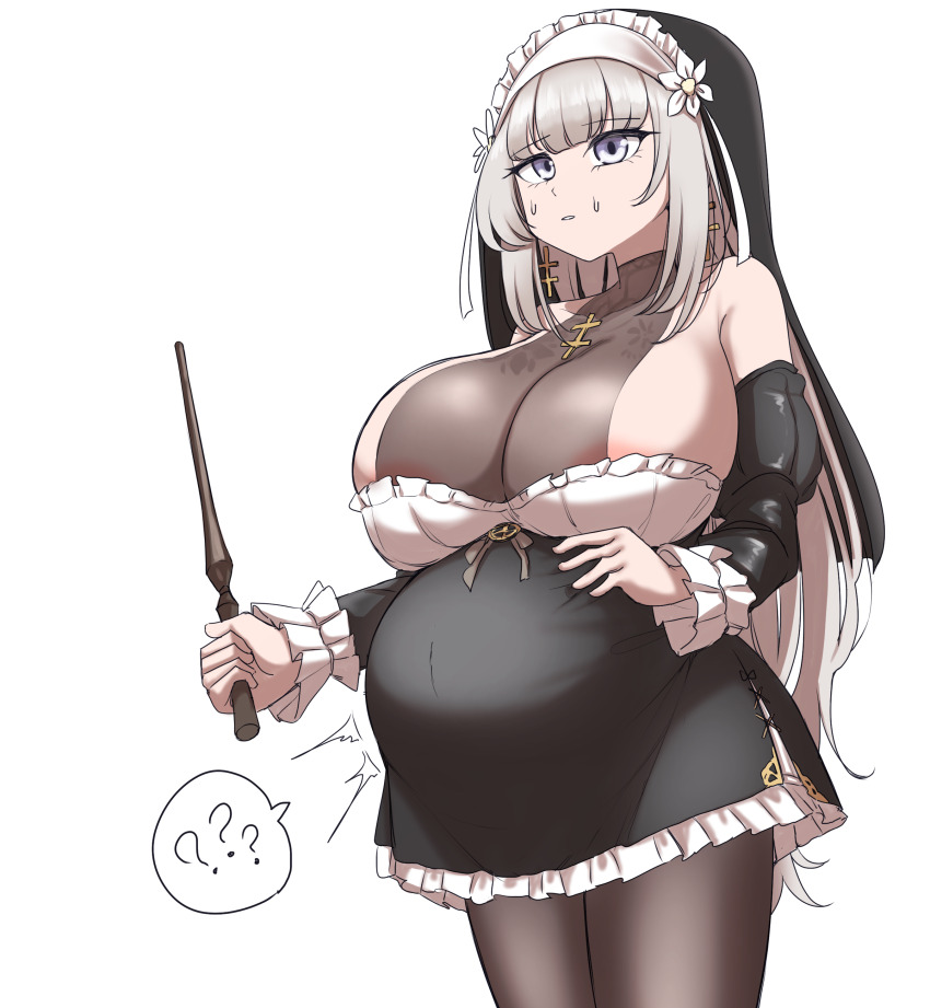 ? absurdres areola_slip black_dress breast_expansion breasts detached_sleeves dress earrings highres holding holding_wand huge_breasts jewelry lelia_(sinisistar) long_hair nun pregnant purple_eyes saguyugo sinisistar sinisistar_2 sweatdrop wand white_hair