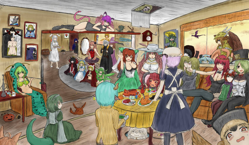 5boys 6+girls absurdres alice_(black_souls) alice_margatroid alice_margatroid_(cosplay) bandersnatch_(black_souls) bill_(black_souls) black_souls black_souls_2 cake cheeky_oyster_(black_souls) cheshire_cat_(black_souls) chick_(black_souls) clock cosplay cuckoo_clock dodo_(black_souls) door dormouse_(black_souls) dorothy_(black_souls) everyone florence_(black_souls) fluffy_(black_souls) food griffy_(black_souls) grimm_(black_souls) hatter_(black_souls) hein_(black_souls) hellkaiser_(black_souls) highres hookah jabberwock_(black_souls) jiejiang_salty jubjub_(black_souls) komeiji_koishi kuti_(black_souls) leaf_(black_souls) lorina_(black_souls) mabel_(black_souls) march_hare_(black_souls) margaret_von_tyrol_(black_souls) meme mimic miranda_(black_souls) mock_turtle_(black_souls) multiple_boys multiple_girls node_(black_souls) portrait_(object) prickett_(black_souls) pumpkin rabbit red_hood_(black_souls) salt_bae_(meme) serpent_god_(black_souls) shisha_(black_souls) student_(black_souls) sushi_yuusha_toro_(style) touhou trap tweedle_dum_(black_souls) vernai_(black_souls) victoria_(black_souls) weapon wolris_(black_souls)