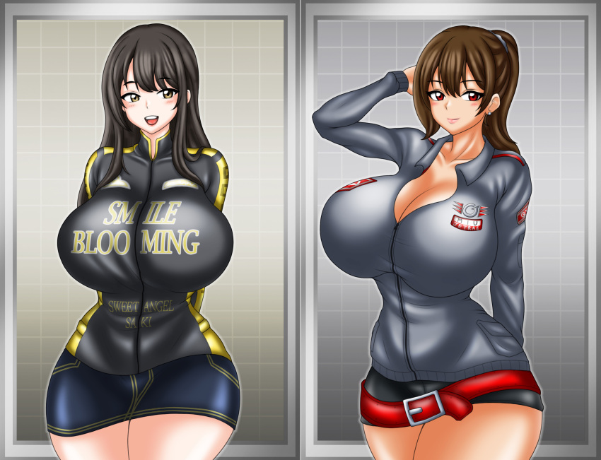 2girls black_hair breasts brown_eyes brown_hair cleavage engine_sentai_go-onger engineer highres jacket large_breasts multiple_girls pin_up rouyama_saki short skirt super_sentai sutou_miu treezero