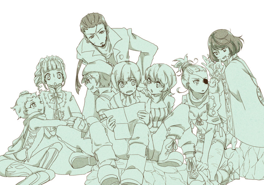 4boys 4girls ange_serena armor bare_shoulders beard belt boots breasts capelet cleavage cloak coat dress earrings eyepatch facial_hair frills hat hermana_larmo highres iria_animi jacket jewelry kongwai_tao long_hair midriff monochrome multiple_boys multiple_girls navel open_mouth pants ponytail qq_selesneva ribbon ricardo_soldato ruca_milda scar scarf short_hair short_shorts shorts spada_belforma tales_of_(series) tales_of_innocence