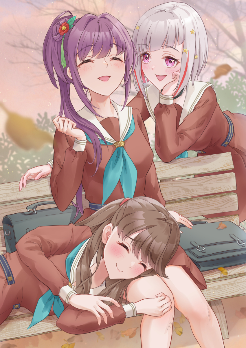 3girls :d ^_^ absurdres autumn autumn_leaves bench black_bag black_choker blue_neckerchief blush bob_cut breasts briefcase brown_dress brown_hair choker closed_eyes closed_mouth colored_inner_hair commentary_request diagonal_bangs dress falling_leaves feet_out_of_frame fujishima_megumi grey_hair hair_ornament hasu_no_sora_school_uniform highres inverted_bob kobassy lap_pillow leaf leaning_forward link!_like!_love_live! long_hair long_sleeves love_live! medium_breasts medium_dress multicolored_hair multiple_girls neckerchief on_bench open_mouth otomune_kozue pink_eyes pleated_dress red_hair sailor_collar sailor_dress school_briefcase school_uniform short_hair sitting smile star_(symbol) star_hair_ornament streaked_hair two_side_up virtual_youtuber white_sailor_collar winter_uniform wooden_bench yugiri_tsuzuri