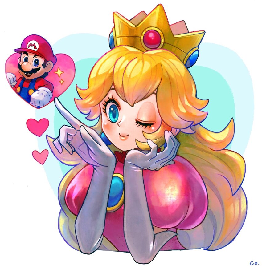 1boy 1girl :d artist_name big_nose blonde_hair blue_background blue_gemstone blue_overalls brooch buttons closed_mouth co_co_mg cropped_torso crown dress earrings elbow_gloves eyelashes facial_hair gem gloves hands_up hat heart highres index_finger_raised jewelry long_hair long_sleeves mario mario_(series) mustache nintendo one_eye_closed open_mouth overalls pink_dress princess princess_peach puffy_short_sleeves puffy_sleeves red_headwear red_shirt shirt short_sleeves smile sparkle super_mario_bros._1 teeth upper_body upper_teeth_only white_background white_gloves
