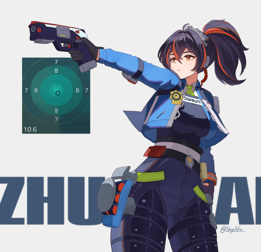 1girl 2024_summer_olympics absurdres black_hair black_panther blue_jacket character_name closed_mouth gun hair_between_eyes hand_in_pocket highres holding holding_gun holding_weapon jacket kim_yeji long_hair looking_ahead olympics orange_eyes orange_hair panther police police_uniform serious sidelocks skytofu solo standing weapon zenless_zone_zero zhu_yuan
