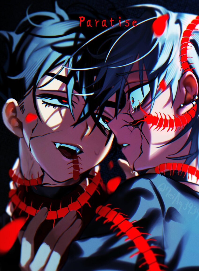 2boys 7eiaq3939 alien_stage black_eyes black_hair black_shirt bug centipede commentary cracked_skin english_commentary fang green_eyes grey_hair highres ivan_(alien_stage) looking_at_another male_focus multiple_boys open_mouth red_pupils shirt song_name tears till_(alien_stage)