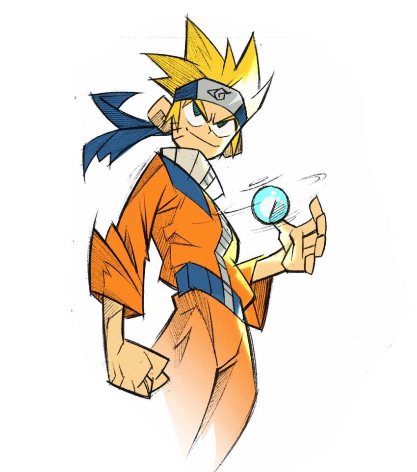 1boy blonde_hair blue_eyes child energy_ball facial_mark forehead_protector headband highres jumpsuit kevin_shah male_focus naruto_(series) ninja orange_pants pants rasengan simple_background smile solo spiked_hair toon_(style) uzumaki_naruto whisker_markings white_background yellow_jumpsuit