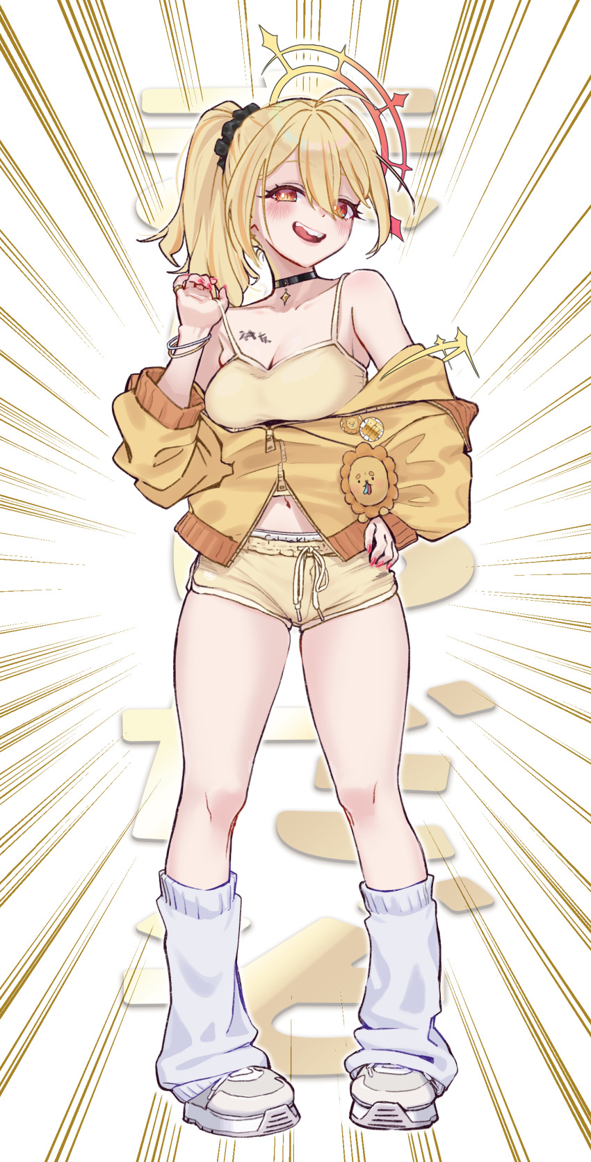 1girl absurdres ahoge alternate_costume black_choker blonde_hair blush breasts camisole choker cleavage dolphin_shorts full_body grey_shoes hair_intakes halo high_ponytail highres hinata_mashu jacket large_breasts looking_at_viewer loose_socks medium_hair nanashi_inc. none_(fan_774) open_mouth orange_eyes orange_halo ponytail shoes shorts smile socks solo strap_pull track_jacket virtual_youtuber white_socks yellow_camisole yellow_jacket yellow_shorts