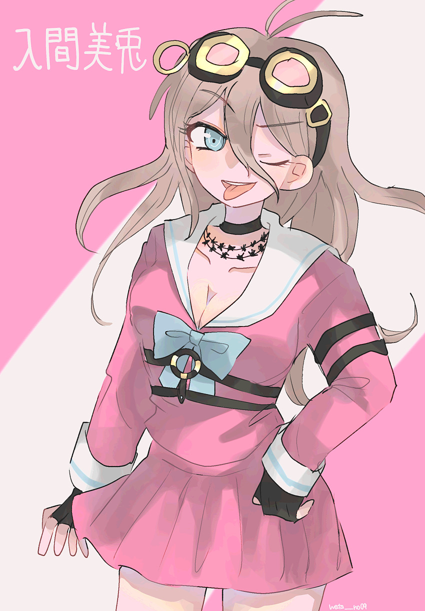 1girl barbed_wire black_choker black_gloves blue_bow blue_eyes bow choker collared_shirt commentary_request danganronpa_(series) danganronpa_v3:_killing_harmony fingerless_gloves gloves goggles goggles_on_head highres iruma_miu long_hair long_sleeves one_eye_closed open_mouth pink_serafuku pink_shirt pink_skirt sailor_collar sanseiwakame_95 school_uniform serafuku shirt skirt skirt_set smile solo teeth tongue tongue_out translation_request upper_teeth_only white_sailor_collar