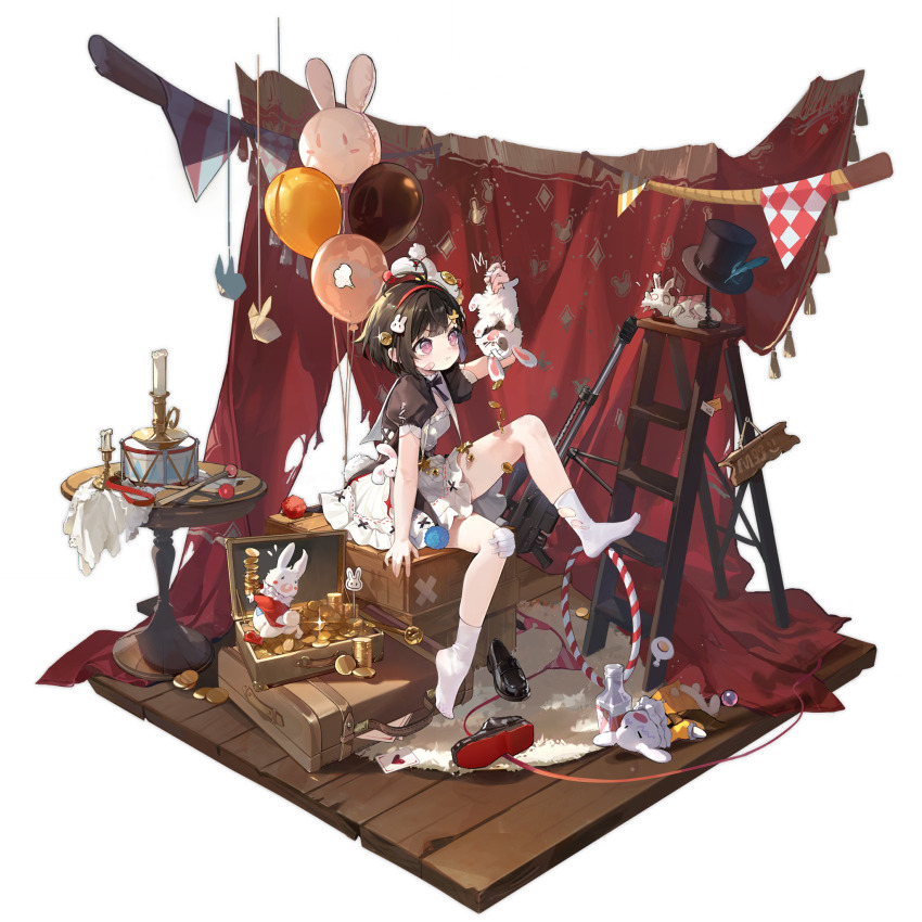 &gt;_&lt; 1girl :i ^^^ animal antenna_hair ball balloon bandage_on_knee bandaid bandaid_on_head black_dress black_shoes blush bottle candle candlestand card character_name coin colored_shoe_soles crate crossed_bandaids curtains diamond_(shape) dress dress_shoes drum drumsticks feet flying_sweatdrops full_body girls&#039;_frontline gold_coin hair_ornament hairband hat hat_feather heart highres holding holding_animal holding_coin holding_rabbit hoop instrument ladder m99_(drumrolls_when_the_curtain_rises)_(girls&#039;_frontline) m99_(girls&#039;_frontline) no_shoes o_o official_alternate_costume official_art open_suitcase origami playing_card pout puff_of_air puffy_short_sleeves puffy_sleeves purple_eyes rabbit rabbit_balloon rabbit_hair_ornament rabbit_symbol red_hairband rope rug running saru shoes short_hair short_sleeves sign simple_background sitting socks solo star_(symbol) stepladder suitcase table theft third-party_source top_hat torn_clothes torn_curtains torn_hat torn_socks transparent_background unworn_footwear unworn_hat unworn_headwear v-shaped_eyebrows white_dress white_socks wooden_floor x_hair_ornament zijiang_m99
