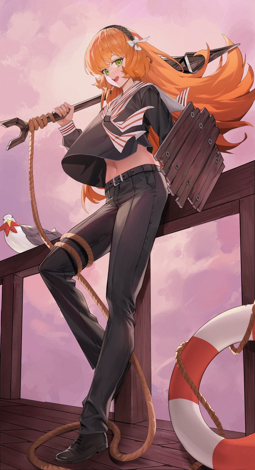 1girl absurdres belt bird black_belt black_pants black_shoes cloud cloudy_sky freckles green_eyes hairband highres holding holding_harpoon holding_shield ishmael_(project_moon) lifebuoy limbus_company long_hair malko_sonbadak_saseum midriff_peek navel orange_hair outdoors pants project_moon rope sailor_collar sailor_shirt seagull shield shirt shoes sky snagharpoon_(e.g.o) solo starfish stomach swim_ring very_long_hair