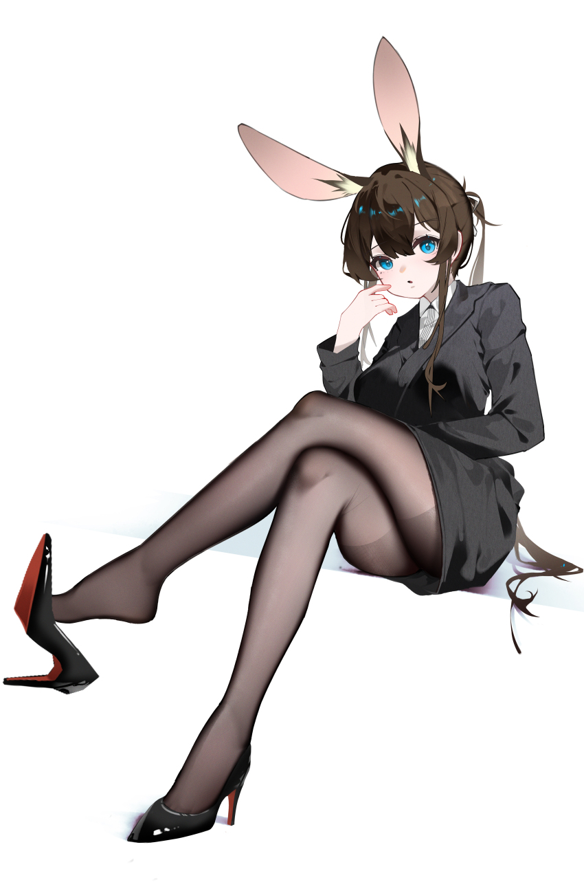 1girl :o absurdres alternate_costume amiya_(arknights) animal_ears arknights black_jacket black_shoes black_skirt blazer blue_eyes brown_hair brown_pantyhose chinese_commentary collared_shirt commentary crossed_legs full_body hair_between_eyes high_heels highres invisible_chair jacket legs long_hair long_sleeves office_lady pantyhose parted_lips ponytail shenmi_de_xigua shirt shoe_dangle shoes simple_background sitting skirt solo white_background white_shirt
