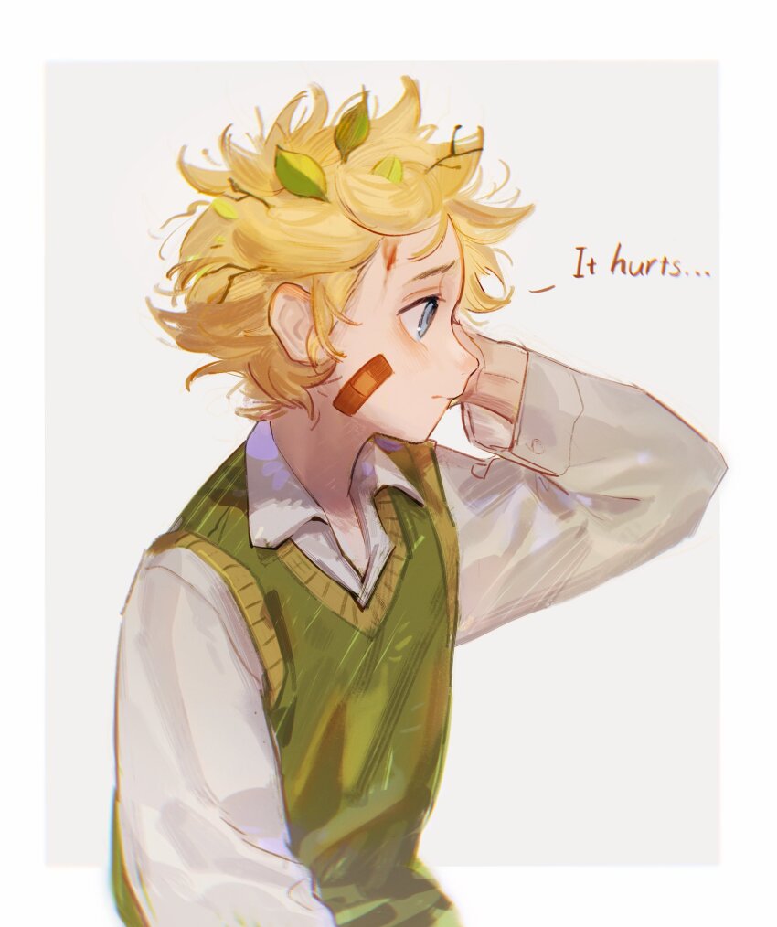 1boy animification bandaid bandaid_on_cheek bandaid_on_face blonde_hair blood blood_on_face blue_eyes collared_shirt english_text hand_on_own_cheek hand_on_own_face highres leaf leaf_on_head long_sleeves male_focus messy_hair profile rrrrrrrrrrrou1 shirt short_hair solo south_park sweater_vest tweek_tweak twig upper_body