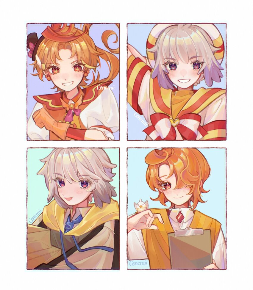 2boys absurdres bird cenemii cure_wing earrings gloves grey_hair hat highres hirogaru_sky!_precure jewelry magical_boy mini_hat mini_top_hat multiple_boys open_mouth orange_eyes orange_gloves orange_hair precure puffy_sleeves purple_eyes smile teeth top_hat toyama_daifuku twitter_username window wonderful_precure! yuunagi_tsubasa