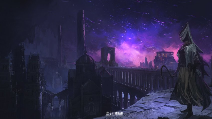 1girl architecture armor arms_at_sides bridge cape cave city elden_ring from_side grey_skirt highres holding_sickle negative_space night_maiden_(elden_ring) purple_sky scenery shimhaq sickle skirt sky solo standing star_(sky) starry_sky veil white_veil