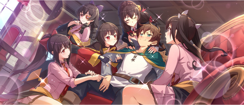 1boy 5girls :t arue_(konosuba) belt belt_buckle belt_collar black_cloak black_gloves black_pants black_robe black_shirt blouse blush boots bow braid breasts brown_belt brown_boots brown_hair buckle cape chair cleavage cleavage_cutout cloak closed_eyes closed_mouth clothes_around_waist clothing_cutout collar collared_dress couch crown_braid day diagonal-striped_clothes diagonal-striped_necktie dodonko_(konosuba) dress drill_hair drill_sidelocks eyepatch fingerless_gloves from_below funifura game_cg glove_cutout gloves grabbing_another&#039;s_arm green_cape green_eyes hair_between_eyes hair_bow hair_over_shoulder hair_ribbon hand_on_another&#039;s_knee hands_on_another&#039;s_shoulders harem highres indoors jitome kneeling kono_subarashii_sekai_ni_shukufuku_wo! konosuba!_fantastic_days large_breasts light_rays living_room long_hair long_sleeves looking_at_another low_twintails megumin multiple_girls necktie off_shoulder official_art on_couch on_floor open_mouth orange_necktie pants parted_lips pink_dress pink_necktie ponytail pout purple_bow red_bow red_dress red_eyes red_necktie red_prison_magic_school_uniform ribbon robe satou_kazuma school_uniform shirt short_dress short_hair short_hair_with_long_locks short_necktie sidelocks sitting smile smug sparkle standing striped_clothes sunbeam sunlight table twintails two-tone_necktie v-shaped_eyebrows white_ribbon white_shirt window yunyun_(konosuba)