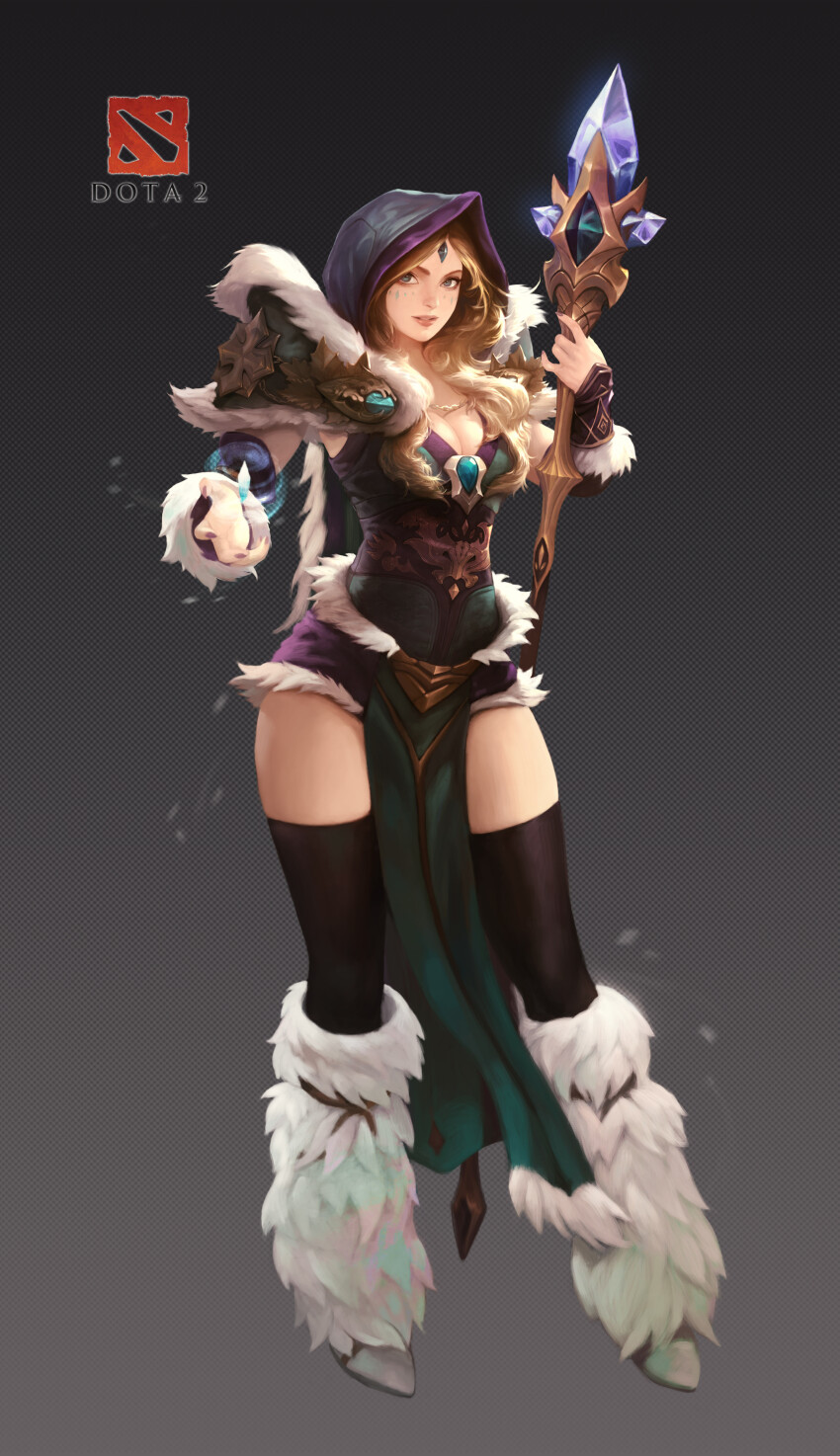 1girl absurdres arm_guards armor black_thighhighs blonde_hair blue_cape blue_dress blue_eyes blue_hood boots breasts cape cleavage coat commentary copyright_name cowboy_shot crystal_maiden dota_(series) dota_2 dress english_commentary forehead_jewel full_body fur_boots fur_coat fur_dress highres holding holding_staff lips logo long_hair lonwa_a looking_at_viewer medium_breasts nail_polish pauldrons pelvic_curtain purple_nails shoulder_armor signature solo staff thighhighs white_boots