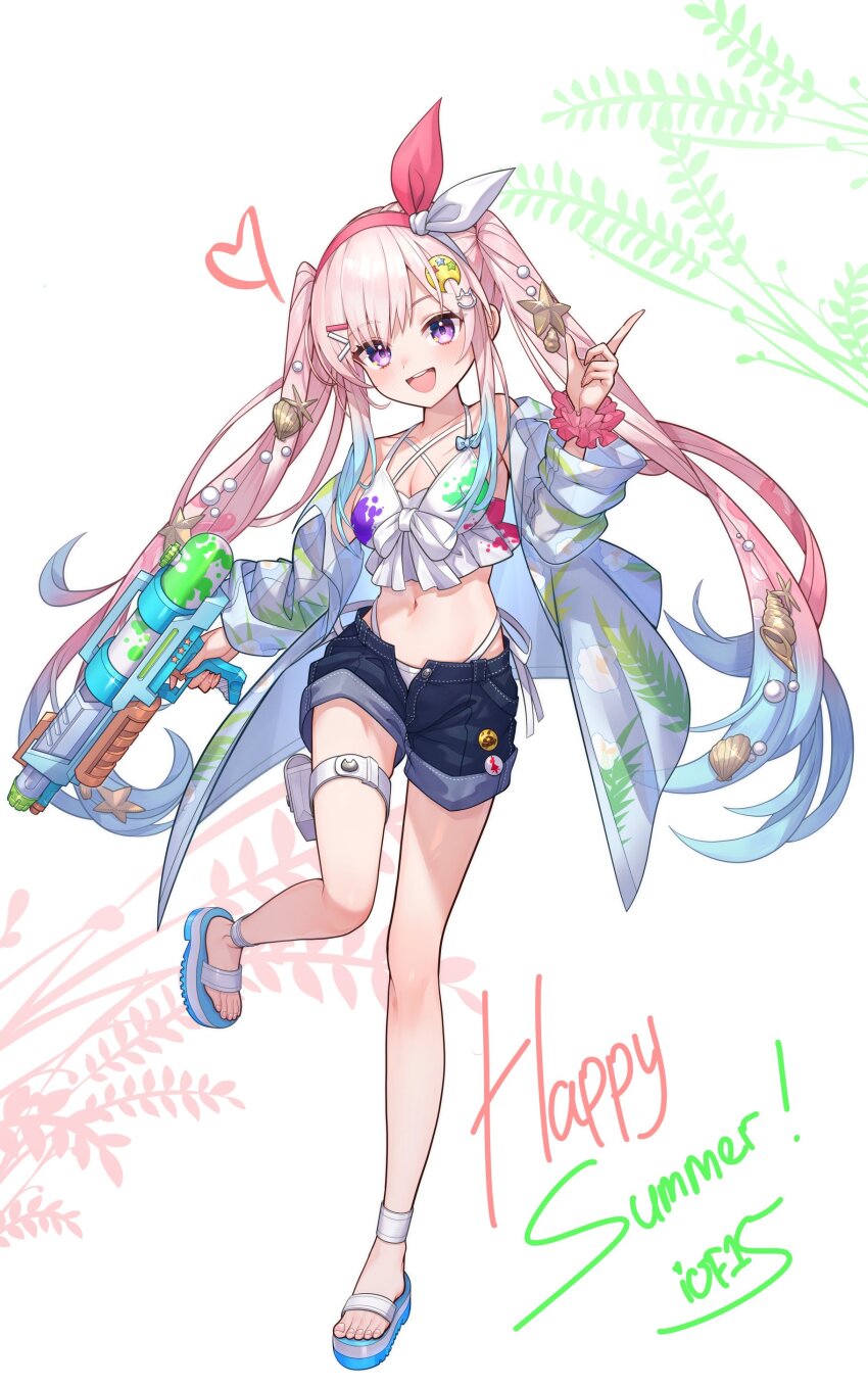 1girl :d absurdres airani_iofifteen artist_request bikini bikini_under_shorts blue_hair breasts commentary criss-cross_halter denim denim_shorts english_commentary foot_up frilled_bikini frills front-tie_bikini_top front-tie_top full_body gradient_hair hairband halterneck hand_up highleg highleg_bikini highres hololive hololive_indonesia long_hair long_sidelocks looking_at_viewer medium_breasts multicolored_hair off_shoulder official_alternate_costume official_alternate_hairstyle official_art open_fly open_mouth paint_splatter palette_hair_ornament pearl_hair_ornament pink_hair pink_hairband pouch print_bikini purple_eyes sandals second-party_edit second-party_source shell_hair_ornament shorts sidelocks smile solo starfish_hair_ornament swimsuit teeth thigh_pouch transparent_wings twintails two-tone_hairband upper_teeth_only very_long_hair virtual_youtuber white_background white_bikini white_hairband