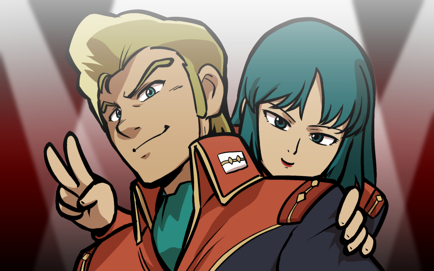 1boy 1girl blonde_hair chocof91 green_eyes green_hair gundam highres jerid_messa military military_uniform mouar_pharaoh v zeta_gundam