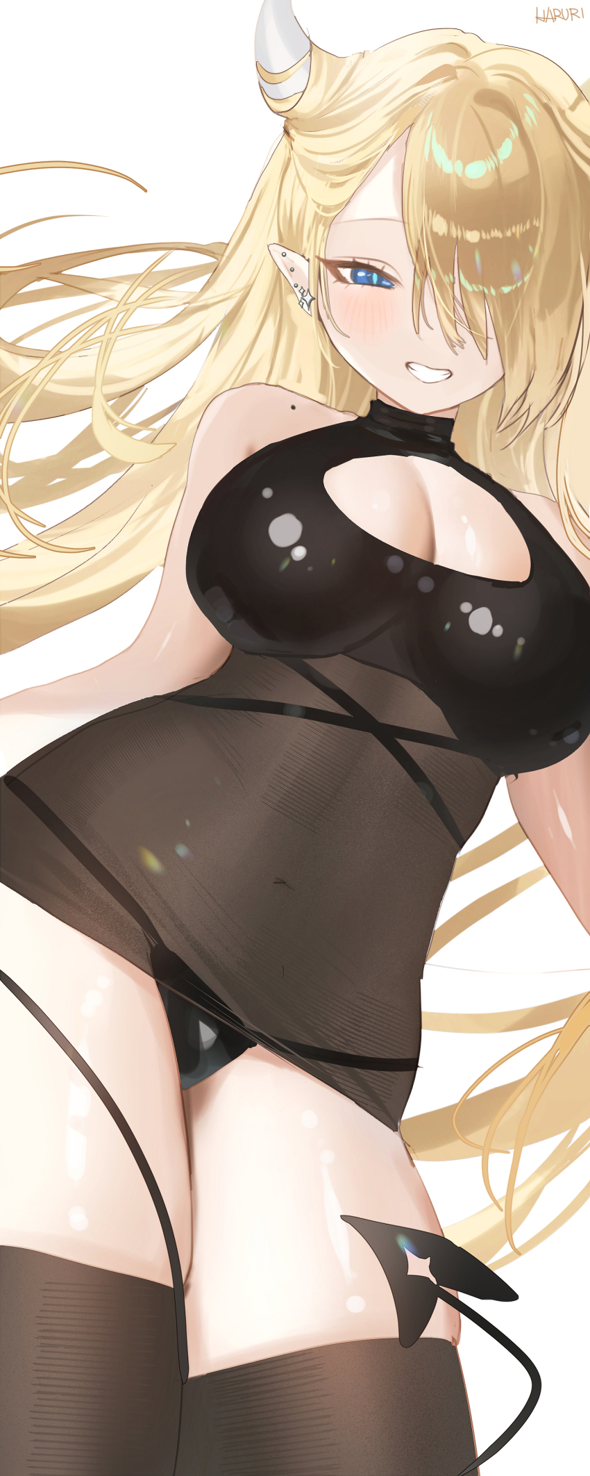 1girl absurdres blonde_hair breasts cleavage haruri highres long_hair looking_at_viewer original smile solo standing