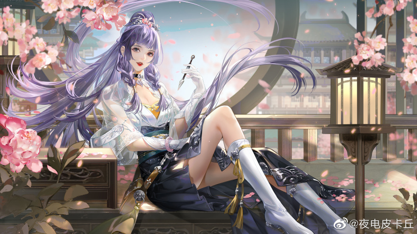 1girl architecture armor belt belt_buckle belt_collar black_belt blue_skirt blunt_bangs bra bracelet bracer braid branch breasts buckle character_request cherry_blossoms chinese_clothes cleavage collar copyright_request day east_asian_architecture eyelashes falling_petals floating_hair flower full_body gloves hair_flower hair_ornament hair_tubes hand_on_lap happy heart_collar high-waist_skirt high_ponytail highres holding holding_kunai holding_weapon jewelry knee_up kneehighs kunai lantern light_particles lipstick long_hair makeup miniskirt open_mouth outdoors petals pink_flower pleated_skirt ponytail purple_eyes purple_hair realistic red_lips round_window see-through_clothes see-through_shirt shirt short_sleeves side_braids sitting skirt smile socks solo spring_(season) teeth town twin_braids underwear upper_teeth_only very_long_hair watermark weapon weibo_watermark white_gloves white_shirt white_socks wind window ye_dian_pikaqiu yellow_bra